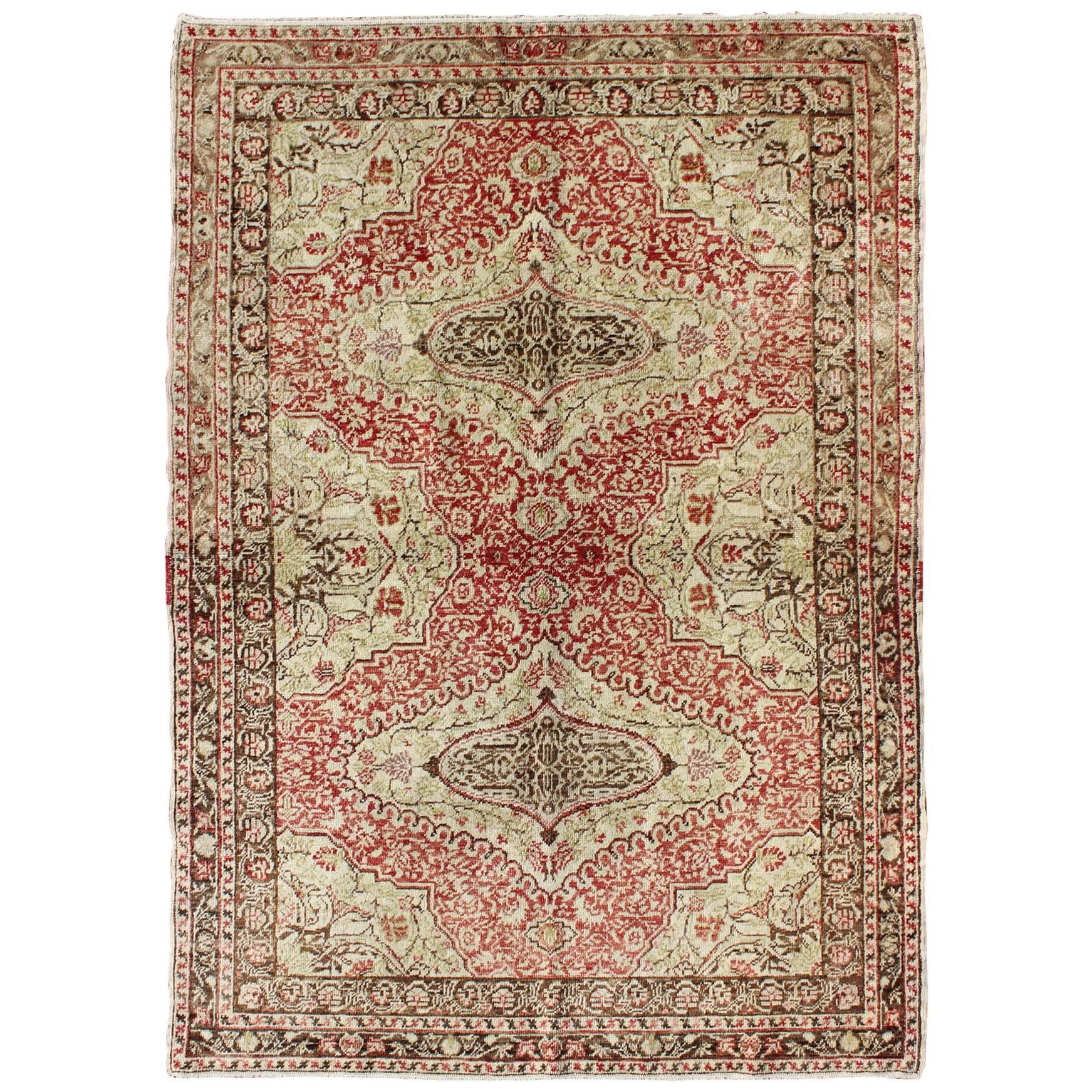 Fine Turkish Sivas Rug with Classic Medallion Design in Red, Ivory and Green For Sale