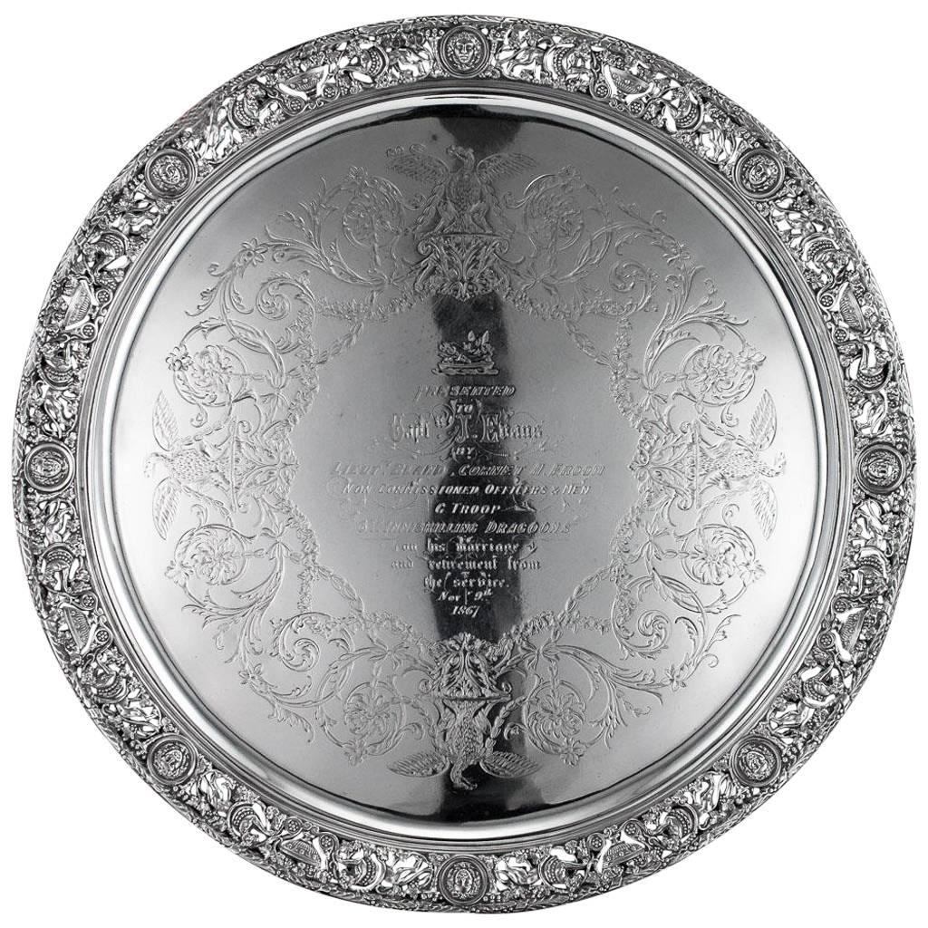Antique Victorian Cellini Solid Silver Salver, S.Smith, London, circa 1868