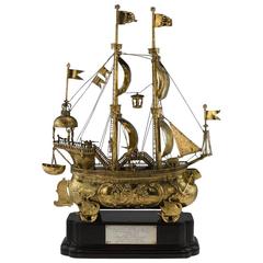 Antikes deutsches monumentales, vergoldetes Neff-Galeonschiff aus massivem Silber des 20. Jahrhunderts