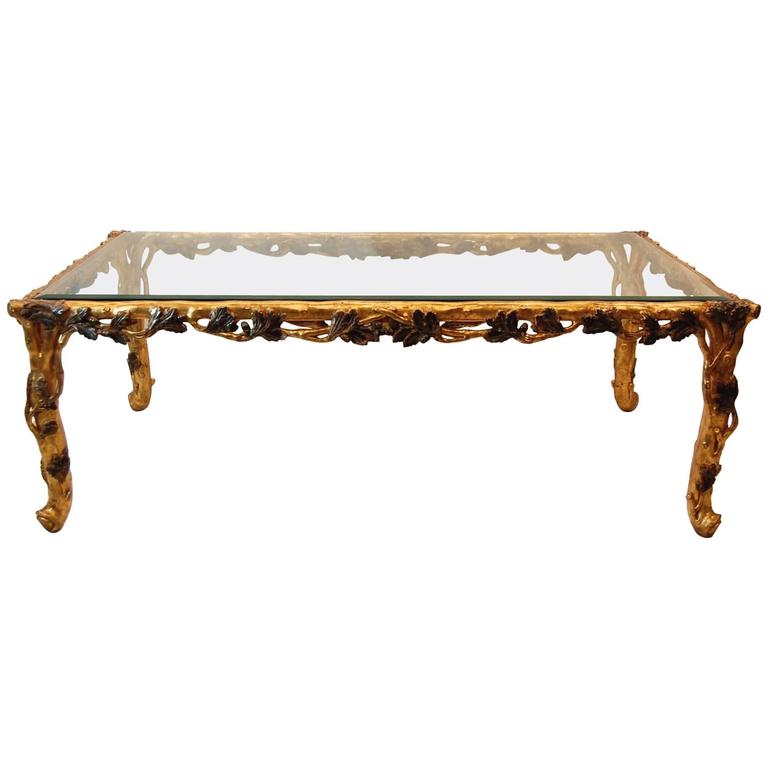 Italian Gold Leaf Carved Wood Rectangular Coffee Table With Bevelled Italian Gold Leaf Carved Wood Rectangular Coffee Table With Bevelled Glass Top For