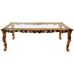 Italian Gold Leaf Carved Wood Rectangular Coffee Table with Bevelled Glass Top