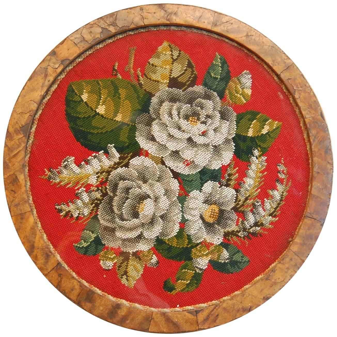 Framed Victorian 19th Century Circular Floral Needlepoint on a Low Base For Sale