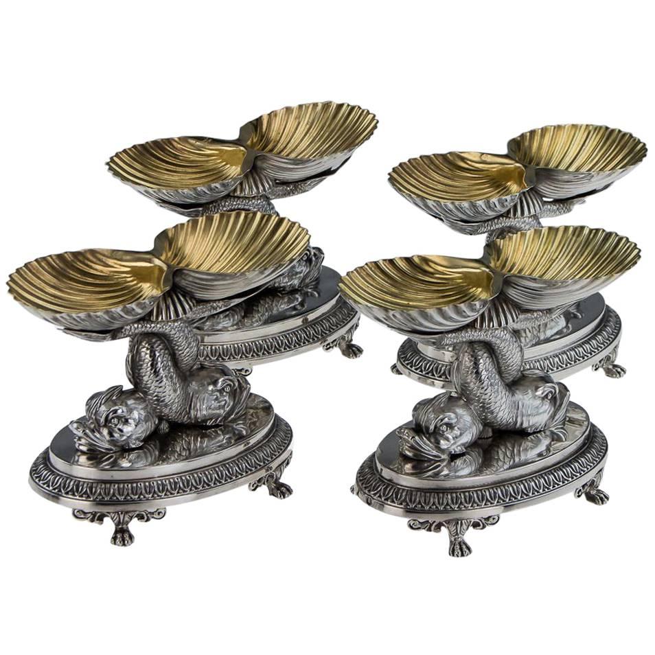 Antique Rare French Odiot Solid Silver Cast Figural Salt Cellars, circa 1830