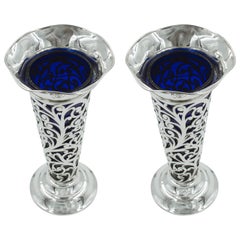 Pair of Sterling Vases with Cobalt Liners