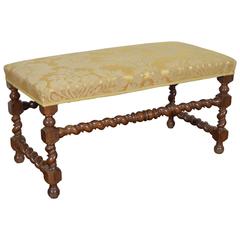 Italian Louis XIII Style Walnut Spiral Turned and Upholstered Bench