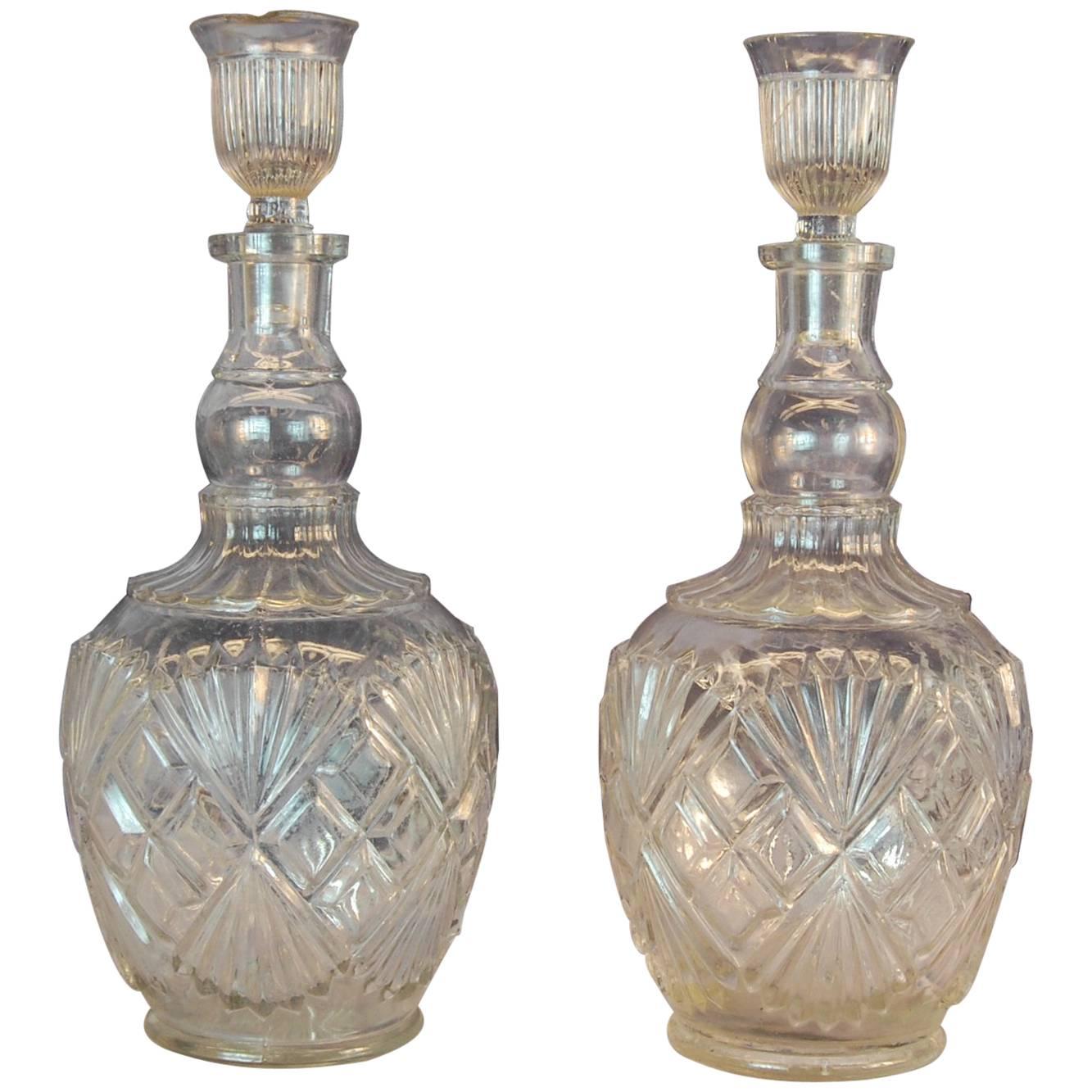 Pr. Identical Clear Pressed Glass Whiskey Decanters w/ Original Stoppers C. 1900