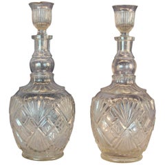 Antique Pr. Identical Clear Pressed Glass Whiskey Decanters w/ Original Stoppers C. 1900