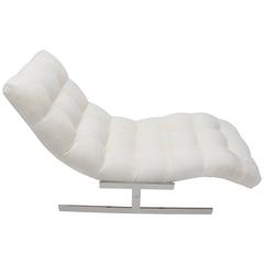 Milo Baughman Style Chaise Lounge, Polished Chrome and White Ultra-Suede