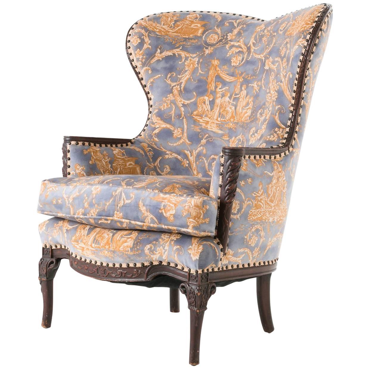 Unusual Louis XV Heart Shape Bergère Armchair with Hermes Toile Upholstery