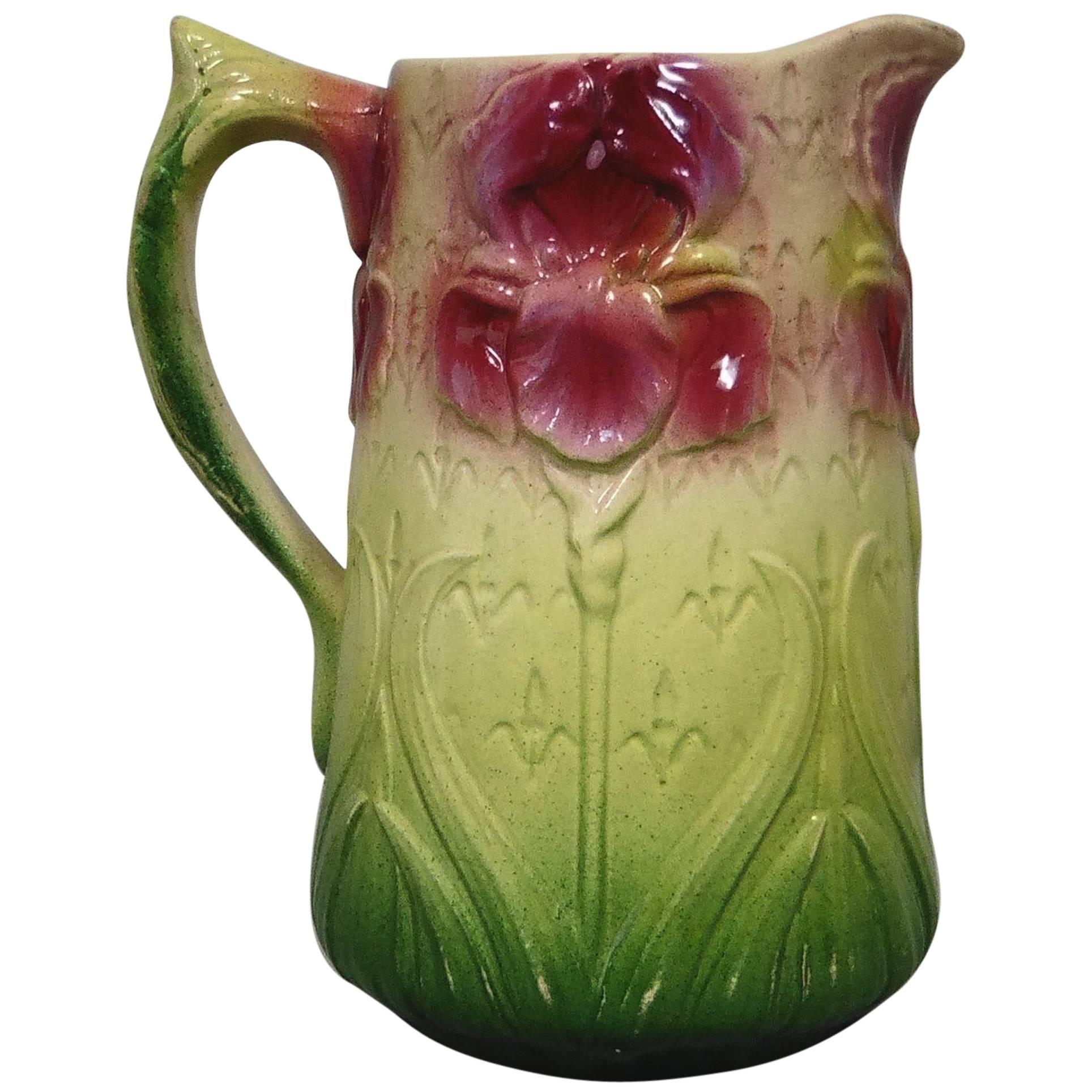 Majolica Iris Pitcher, Onnaing, circa 1900 For Sale