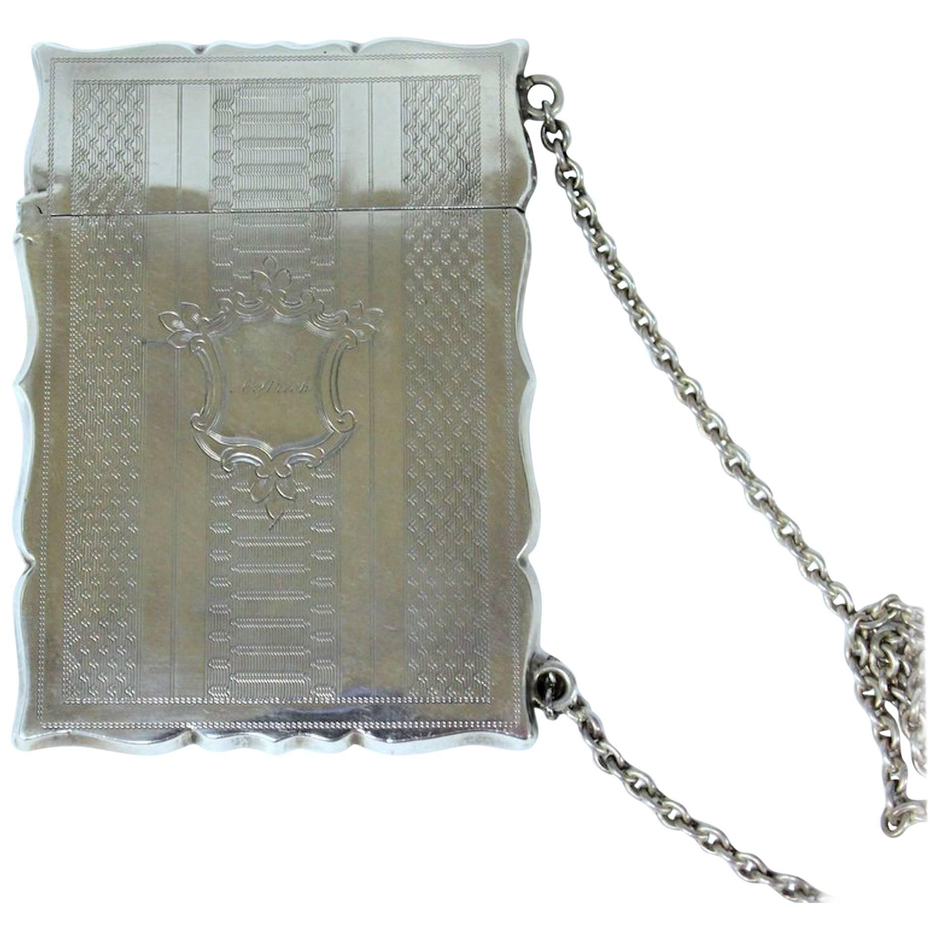 Antique American Coin Silver Hand Engraved Card Case with Chatelaine