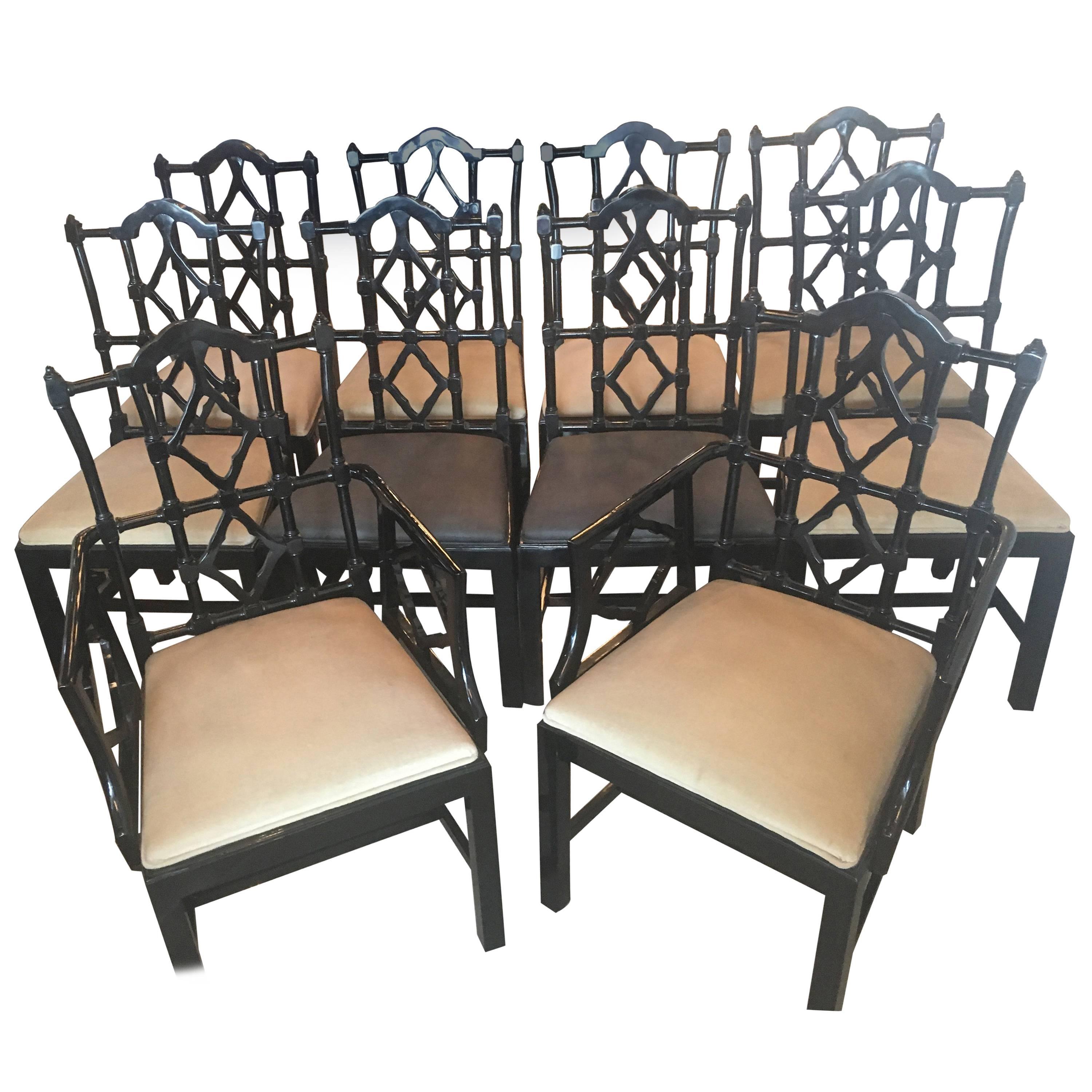 Set of Ten Chinese Chippendale Fretwork Dining Chairs Made in Spain Chinoiserie