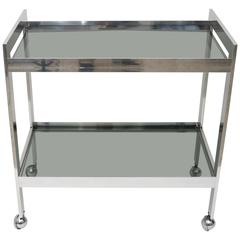 Milo Baughman Style Two-Tiered, Polished Aluminum and Smoked Glass Bar Cart
