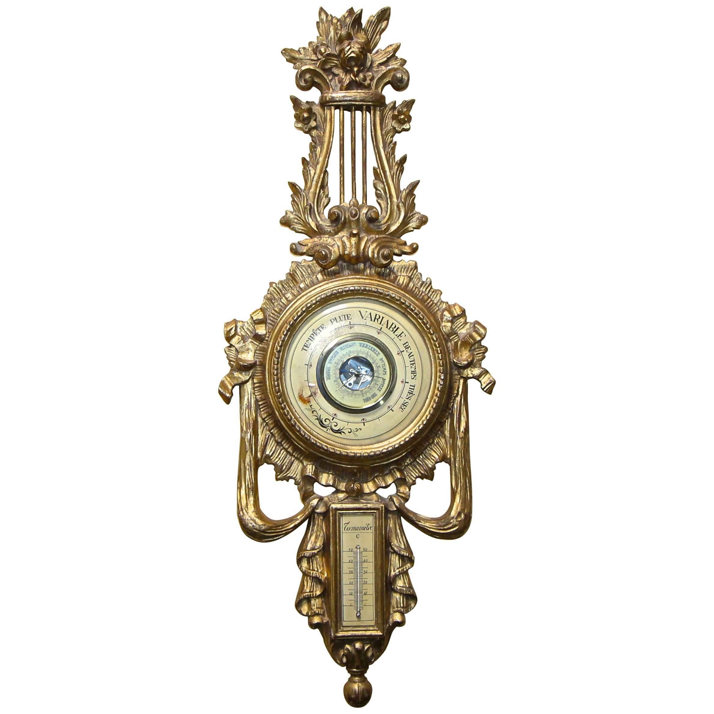 Italian Carved Giltwood Wall Barometer Thermometer
