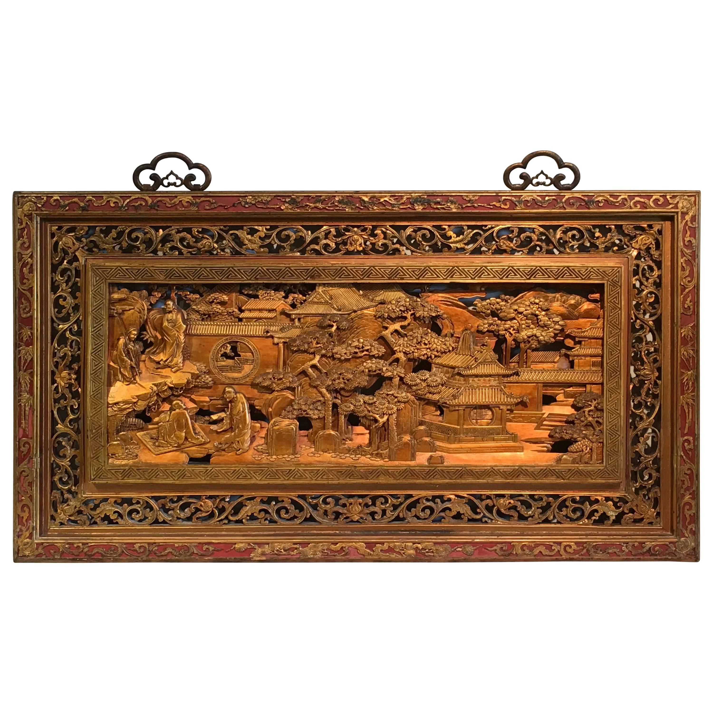 Chinese Carved and Pierced Double-Sided Gilt Lacquer Wall Panel, Qing Dynasty