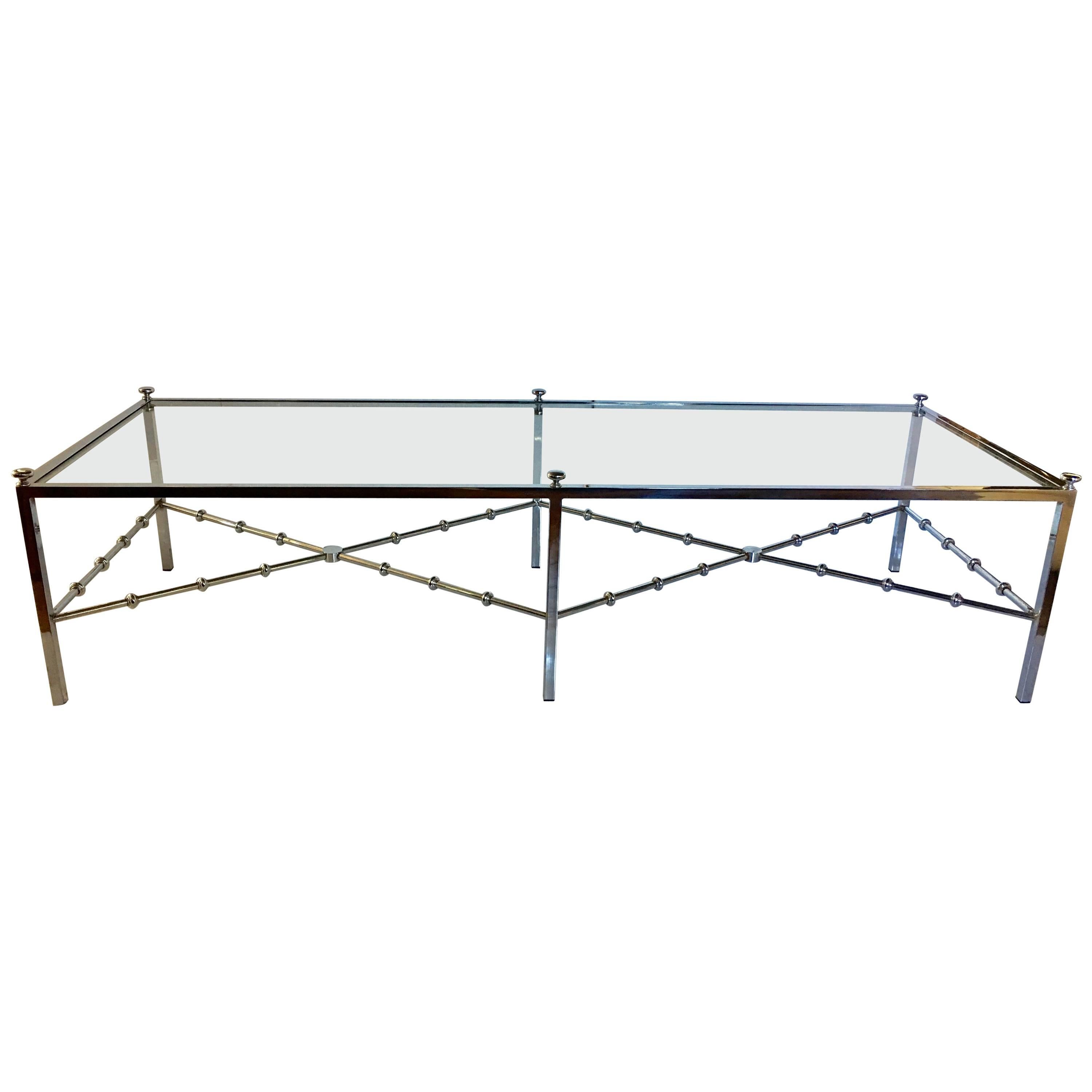 Maison Jansen Style Long Chrome Faux Bamboo Cocktail Table For Sale