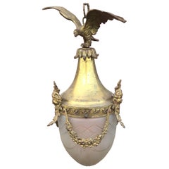 Early 20th Century Bronze and Glass Neoclassical Pendant with an Eagle & Putti