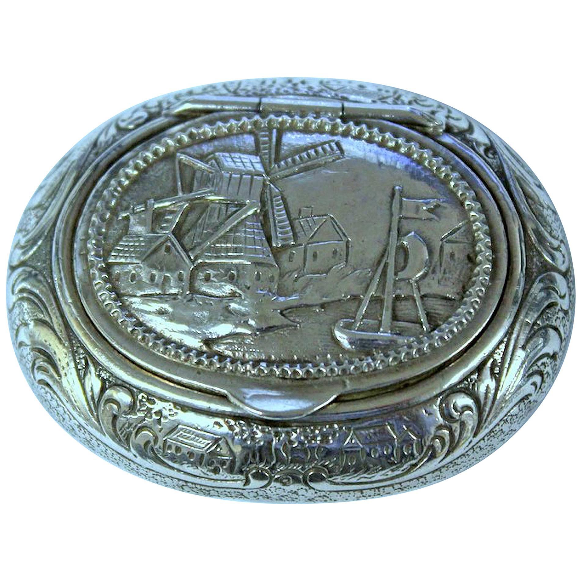 Antique German .800 Fine Silver Hand Chased Snuff Box, Windmill Scene
