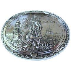 Antique Dutch .833 Fine Silver Hand Chased Snuff Box, Sailing Ships Motif
