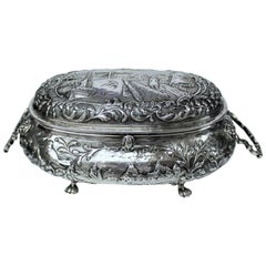 Large Antique Dutch .833 Fine Silver Hand Chased Cushion Shape Casket or Box