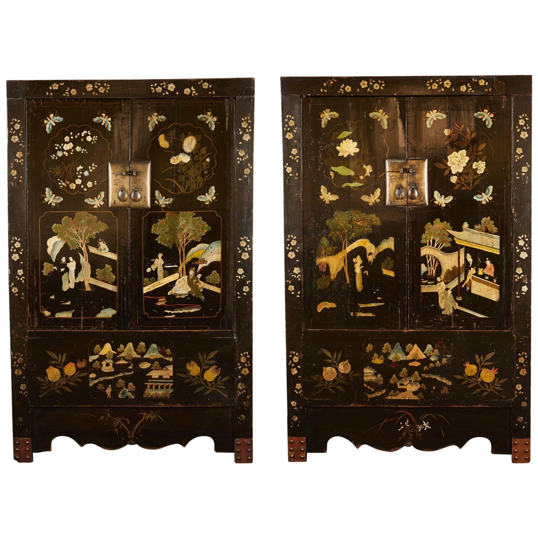 Rare Pair of 18th Century Chinese Qing Black laquered Cabinets