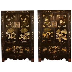 Rare Pair of 18th Century Chinese Qing Style Black Painted Cabinets