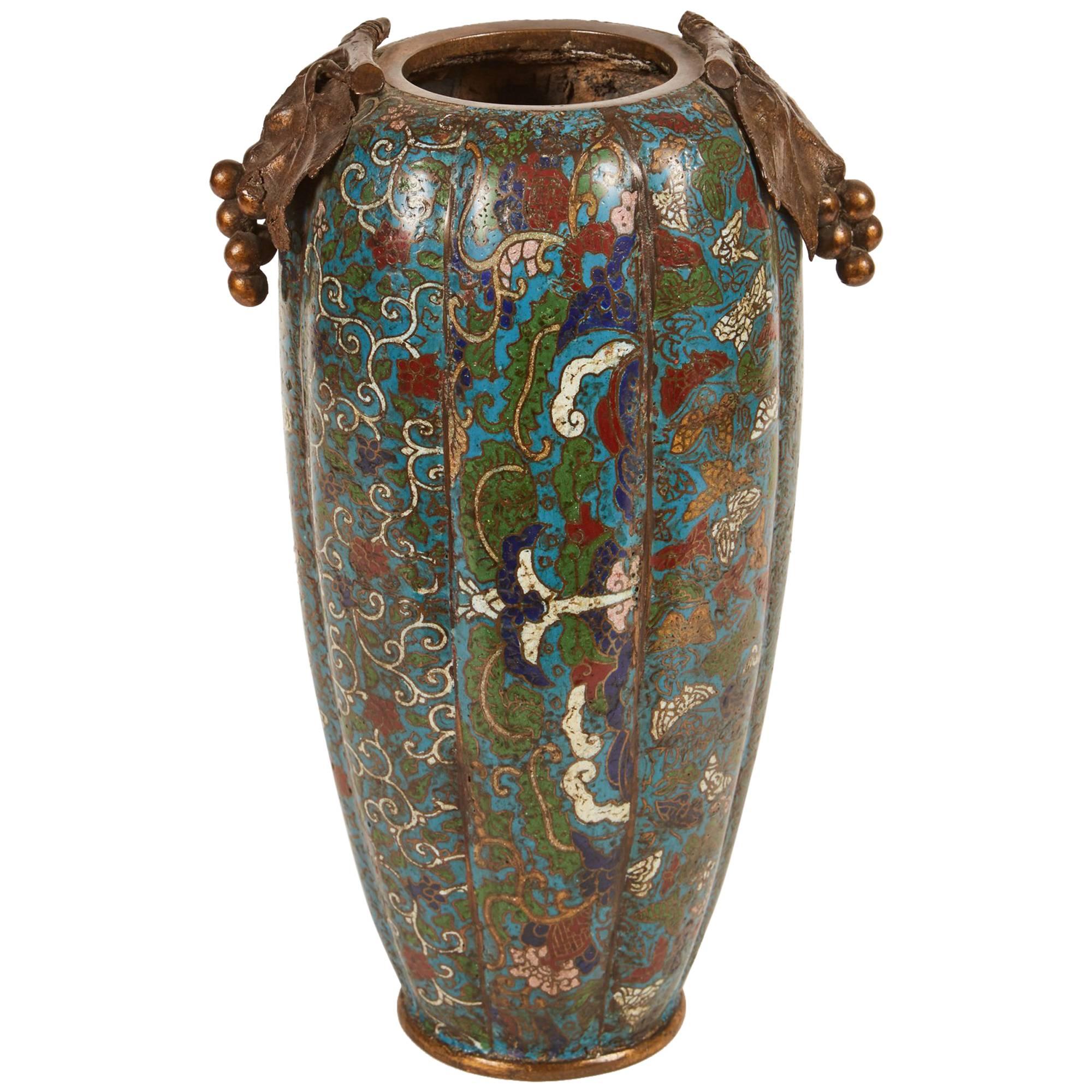 19th Century Chinese Cloisonné Vase with Grape Handles
