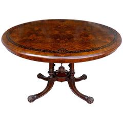 English Victorian Burl Walnut and Boxwood Inlay Center Table, circa 1860