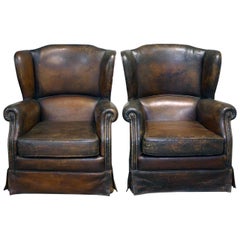 Compact 1950s Leather Wing Armchairs