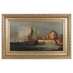 Antique Oil on Canvas French Stranding Port at High-Tideby Charles Roussel, circa 1891