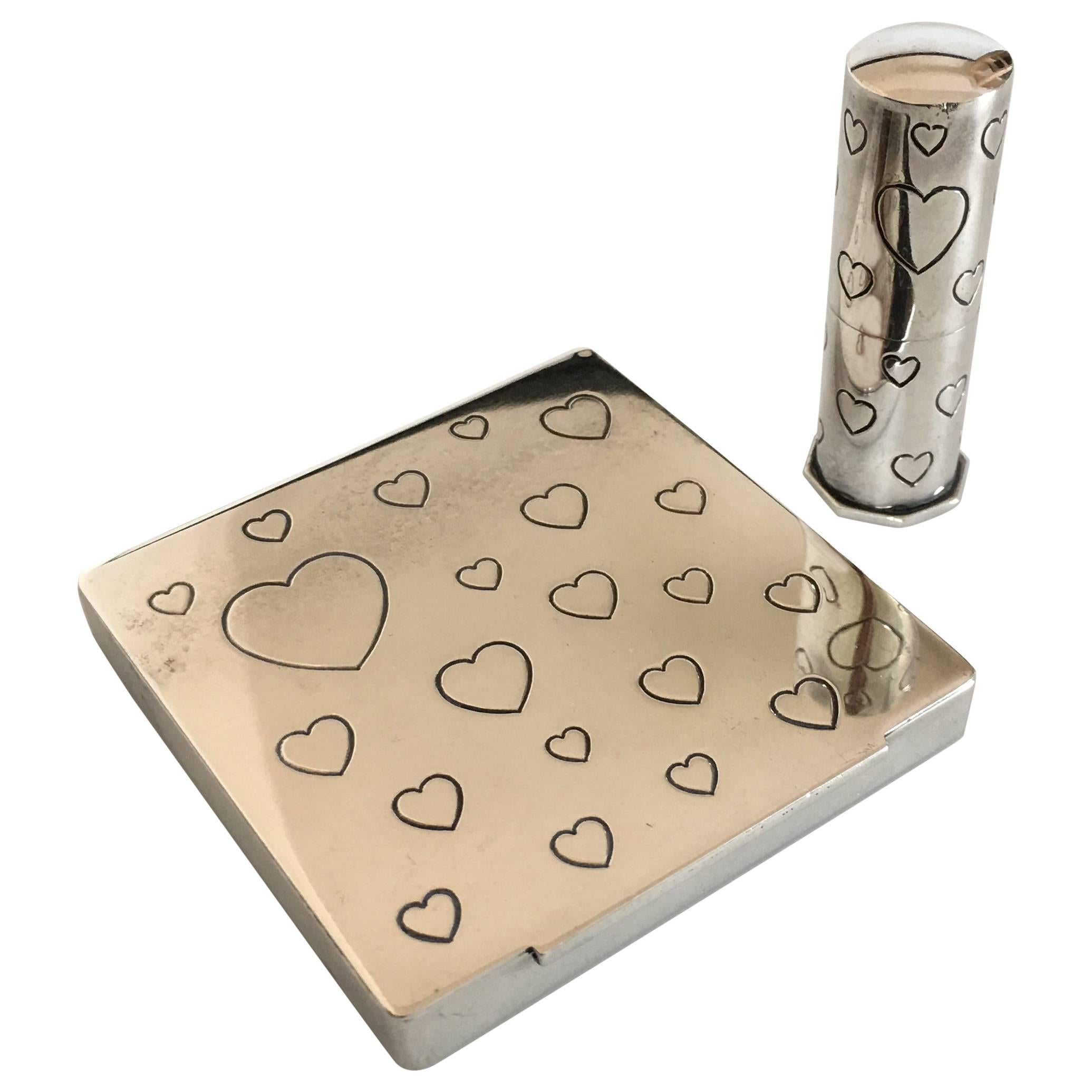 Powder and Mirror Case and Lipstick Case in Silver Ornamented with Hearts