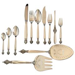 Retro Georg Jensen Sterling Silver Acanthus Flatware Set for 12 People, 122 Pieces
