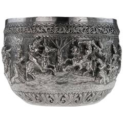 Antique Exceptional Burmese Solid Silver Handcrafted Bowl, circa 1880