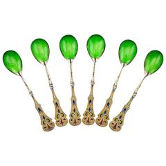 Antique Russian Solid Silver Gilt Six Plique-a-jour Enamel Spoons, circa 1900