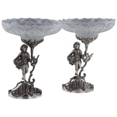 Antique Victorian Solid Silver Pair of Figural Comports, C & G Fox, circa 1852
