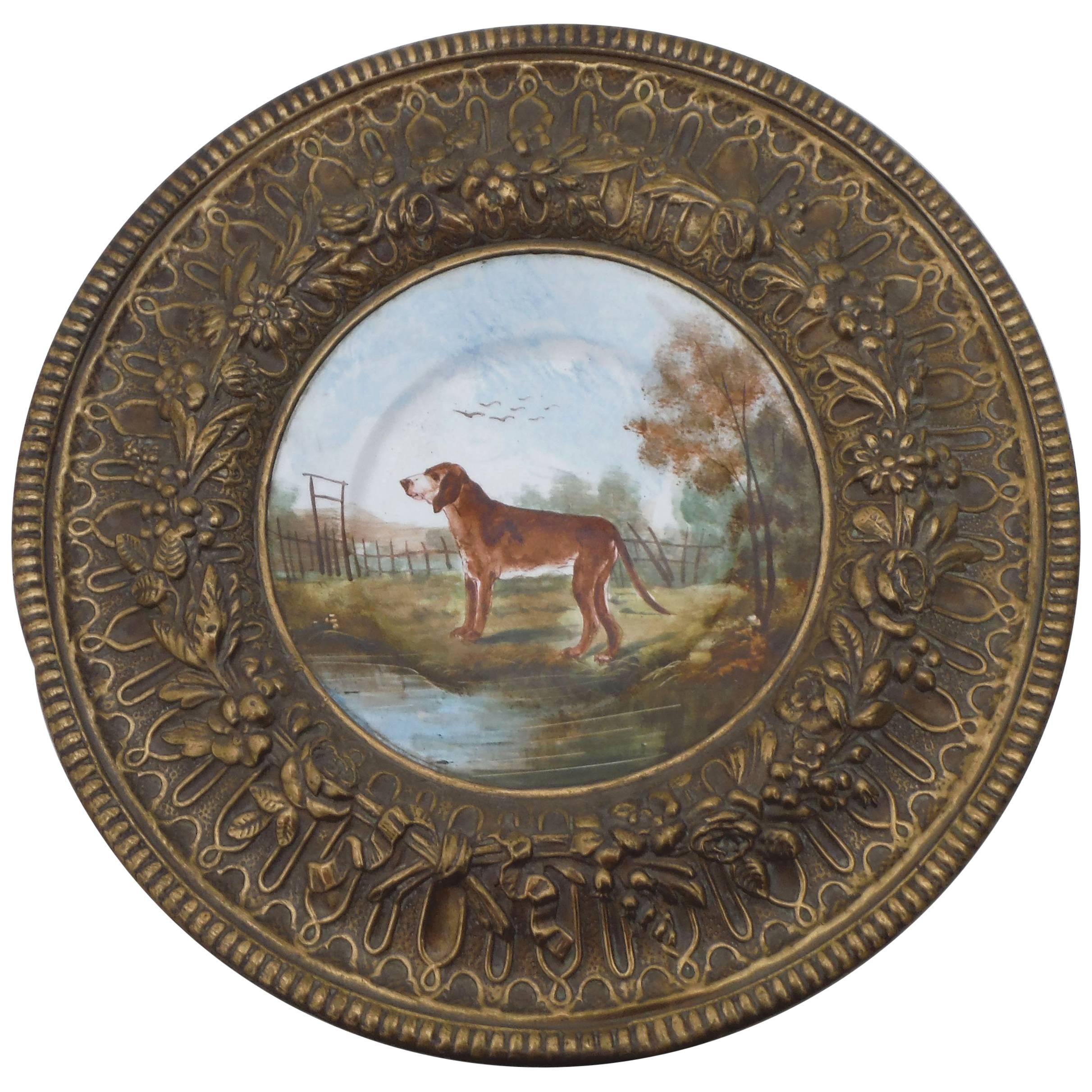 19th Century Faience & Brass Framed Hunting Dog Wall Plaque Choisy Le Roi