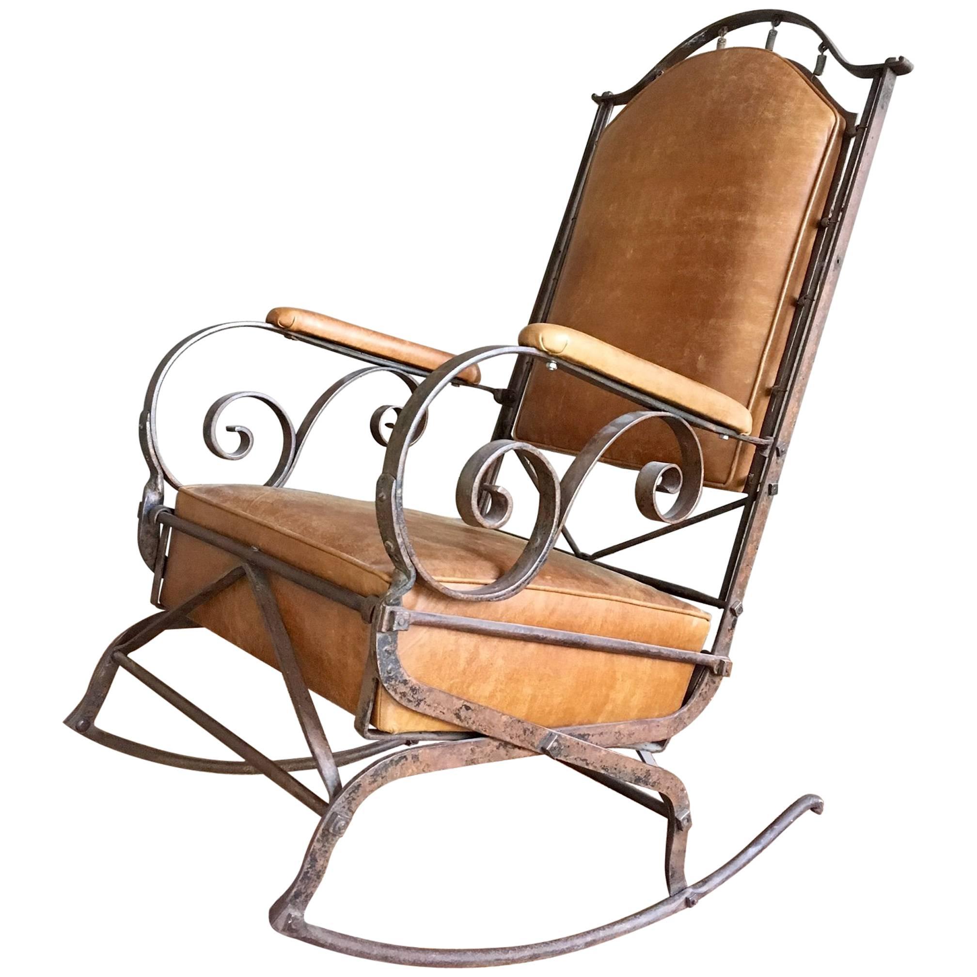19th Century Wrought Iron and Leather Rocking Chair