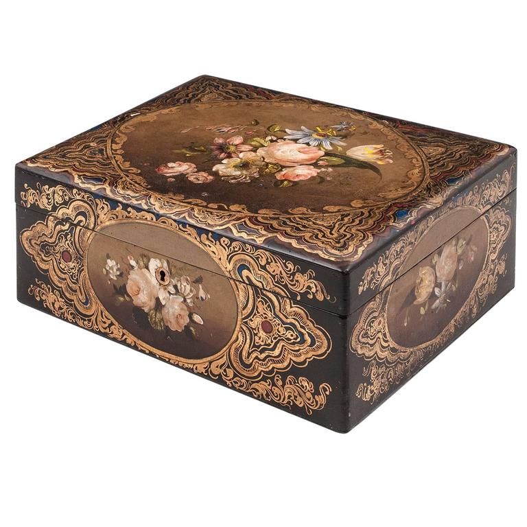 Antique Victorian Papier Mache Painted Sewing Box For Sale at 1stdibs