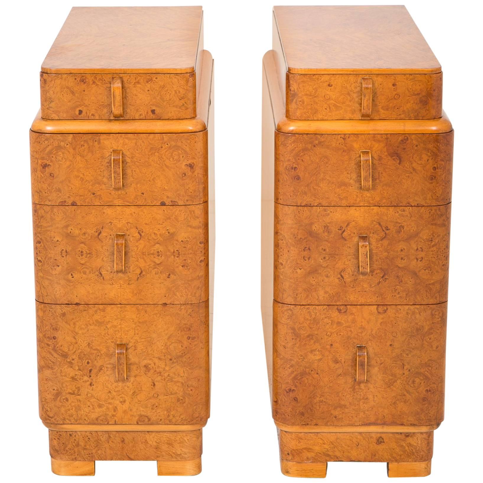 Pair of Burr Walnut Art Deco Bedside Chests For Sale