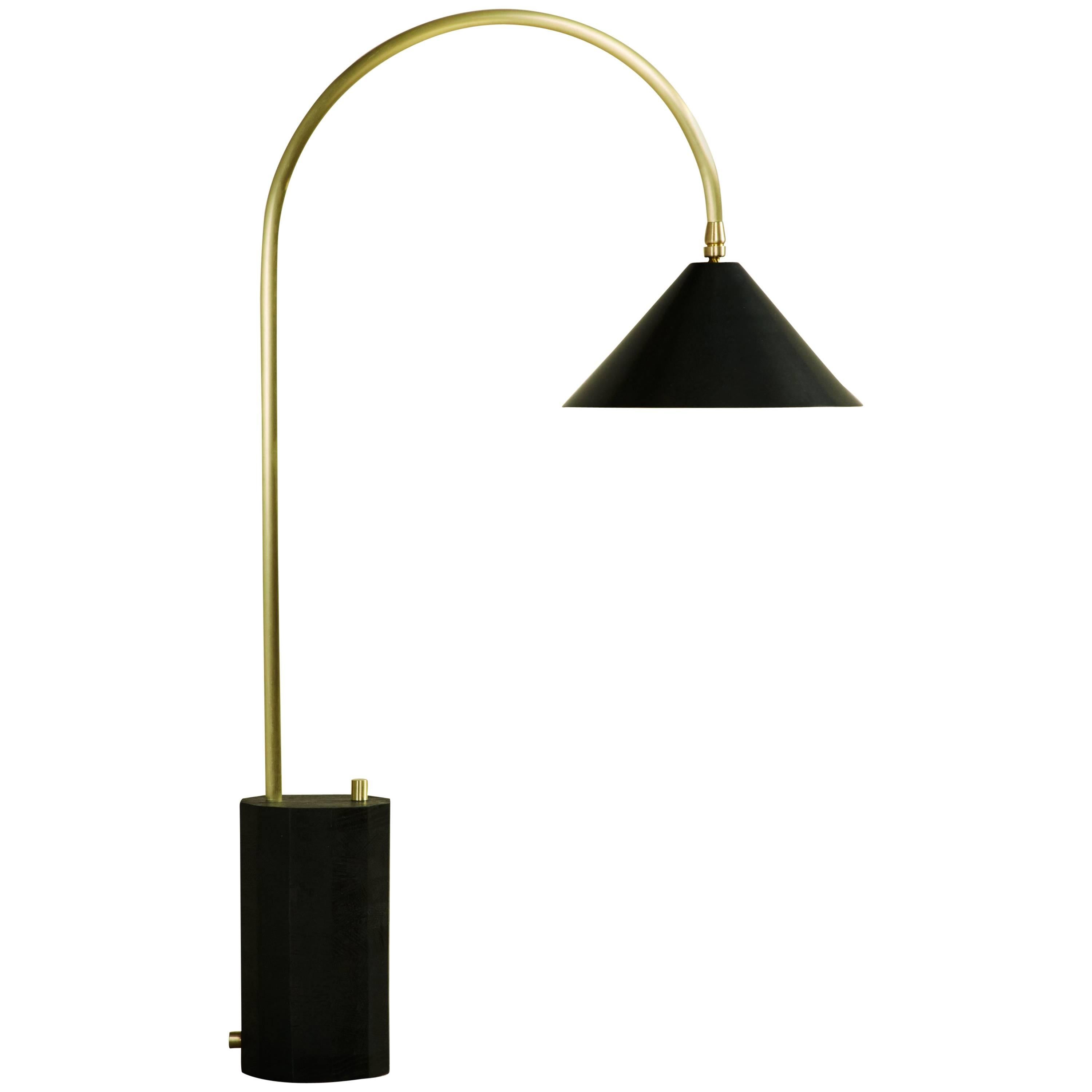 Bishop Table Lamp in Brushed Brass, Blackened-Steel Shade and Ebony-Stained Oak For Sale