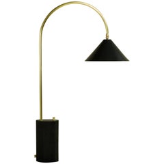 Bishop Table Lamp in Brushed Brass, Blackened-Steel Shade and Ebony-Stained Oak