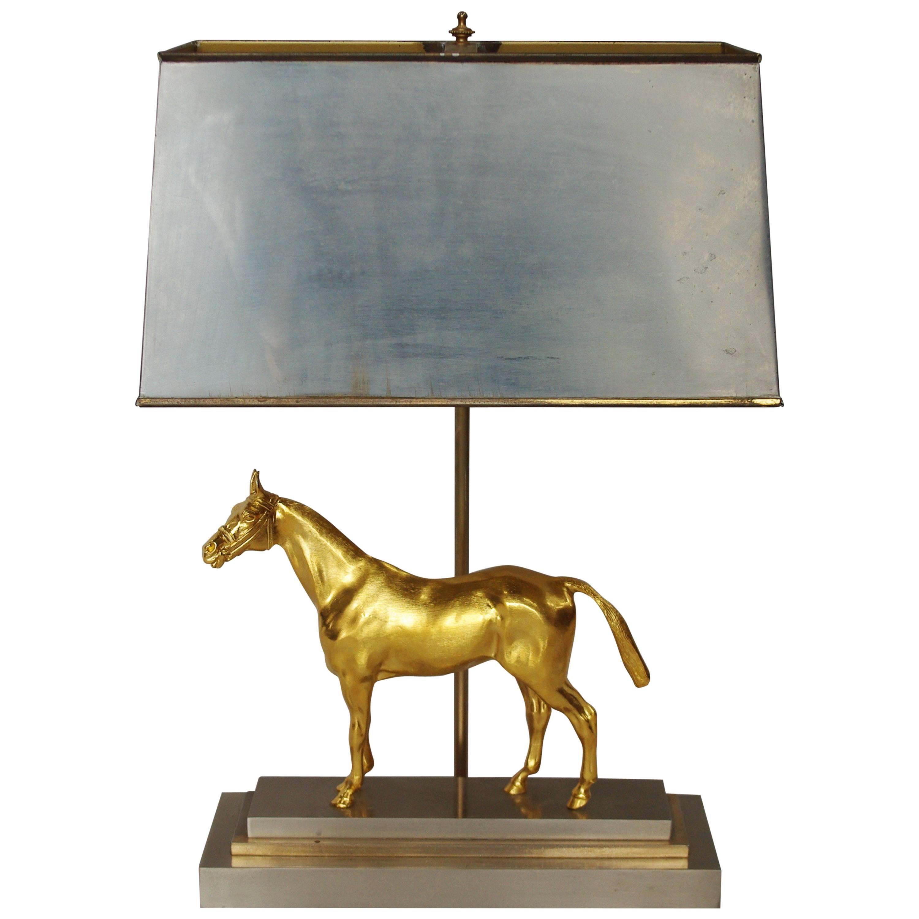 Gilded and Silver Bronze Horse Lamp in the Style of Maison Jansen, 1960
