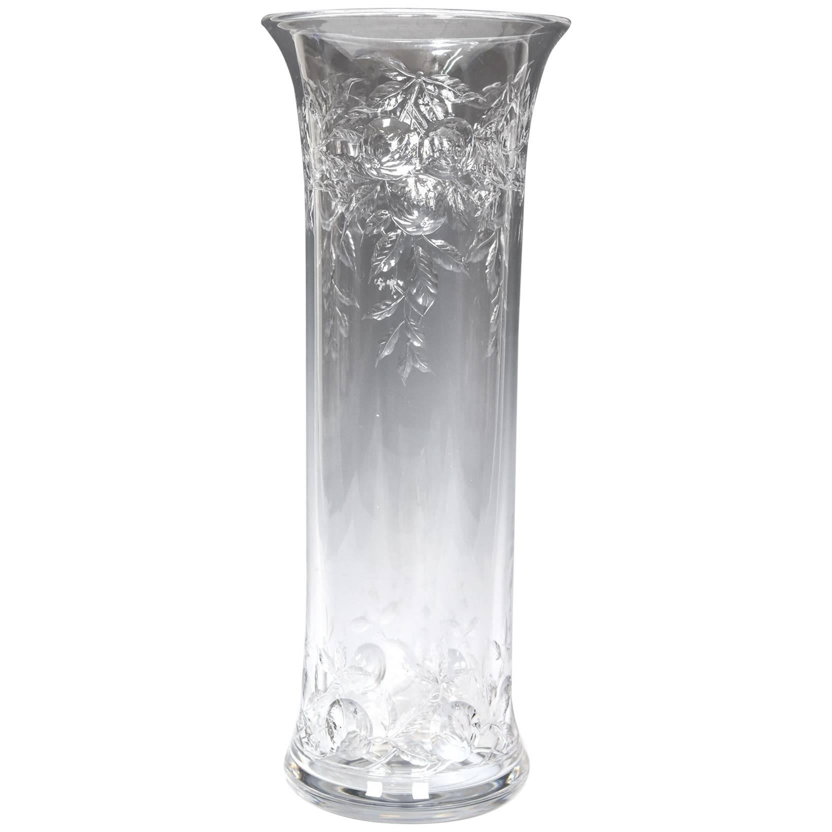 Baccarat Handblown Tall Crystal Vase with Intaglio Wheel Cut Fruit Motif For Sale