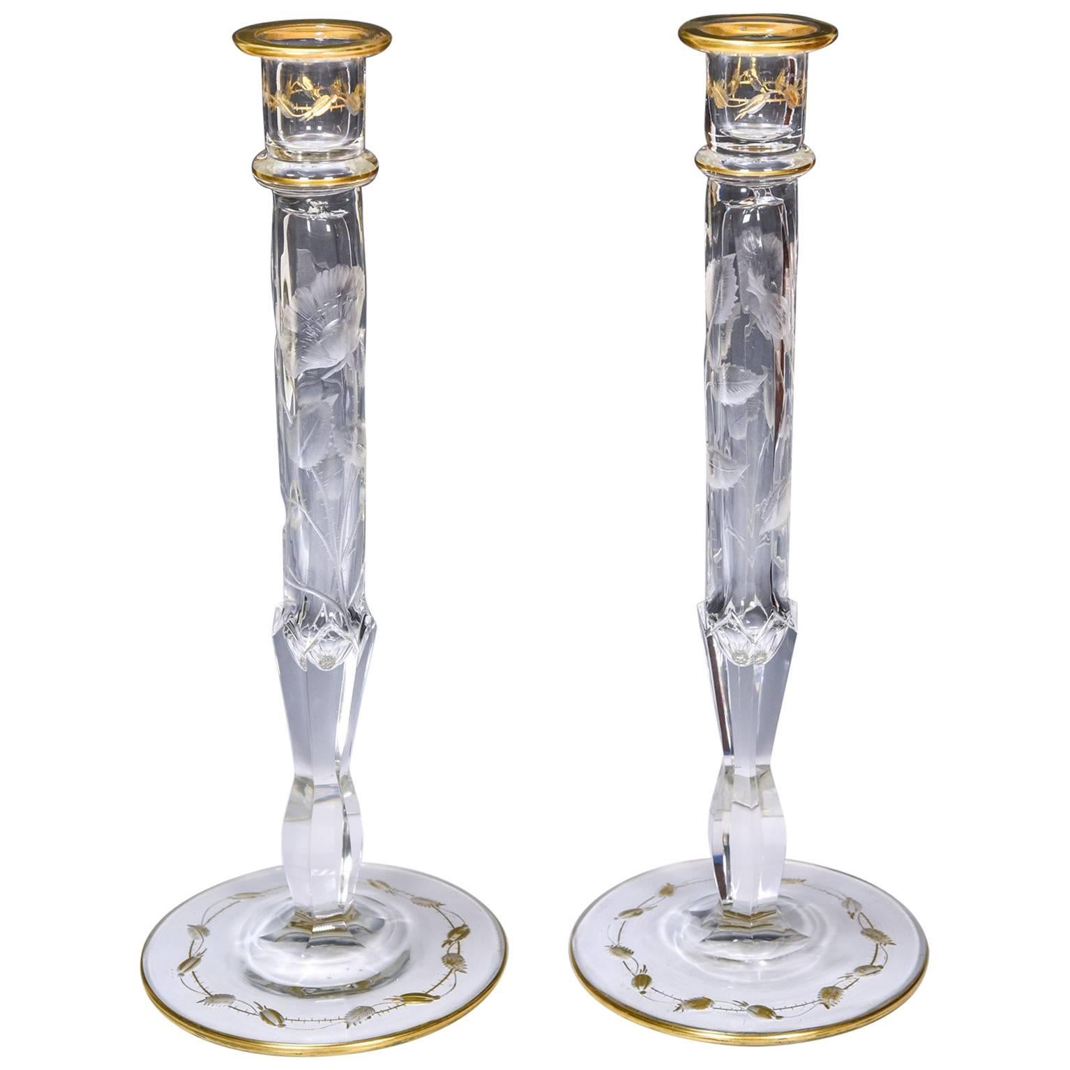 Pair of Moser Handblown Crystal Candlesticks with Intaglio Poppy Pattern & Gold For Sale