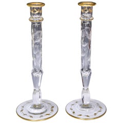 Antique Pair of Moser Handblown Crystal Candlesticks with Intaglio Poppy Pattern & Gold