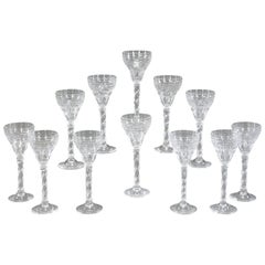Set of 12 Webb Tall Handblown Crystal Goblets with Wheel Cutting and Spiral Stem