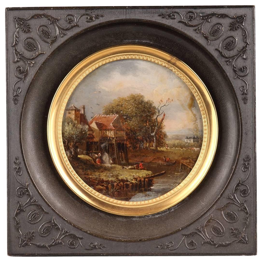 Early 19th Century Reverse Glass Painting with Countryside Scene
