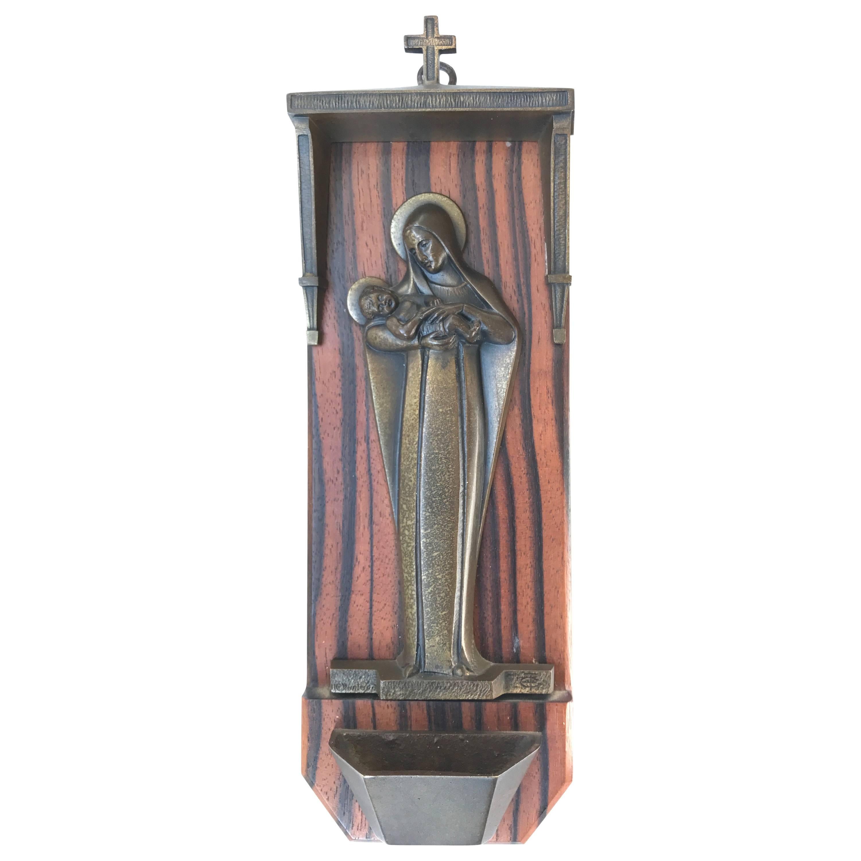 Art Deco Chapel Wall Plaque with Bronze Mary and Child above a Holy Water Font