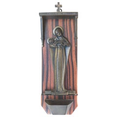 Art Deco Chapel Wall Plaque with Bronze Mary and Child above a Holy Water Font