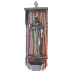 Art Deco Chapel Wall Plaque with Bronze Mary and Child above a Holy Water Font 1
